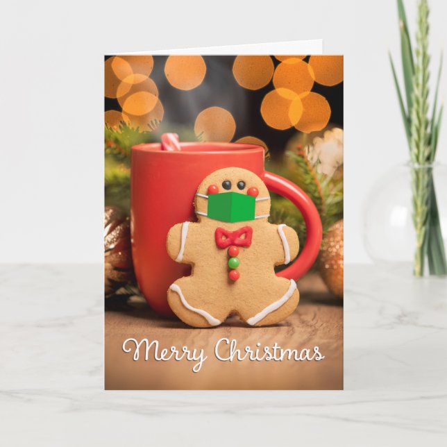 God Jul Gingerbread Man i Covid Ansiktsmask Helgkort (Framsida)
