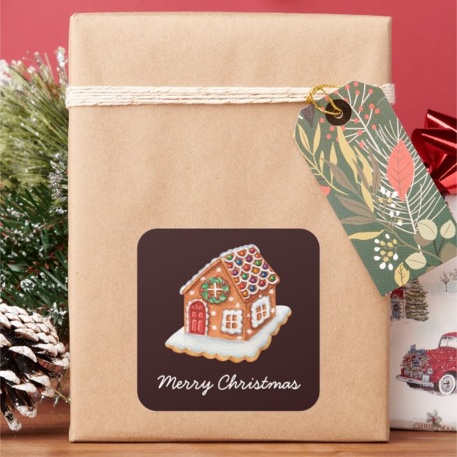 God jul Gingerbröd House Fyrkantigt Klistermärke (Semester)