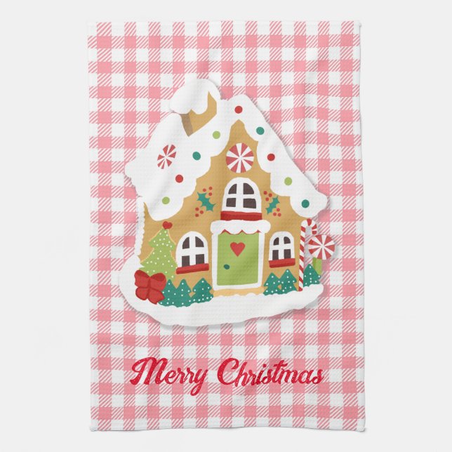 God jul Gingerbröd House Rosa Gingham Kökshandduk (Vertikal)