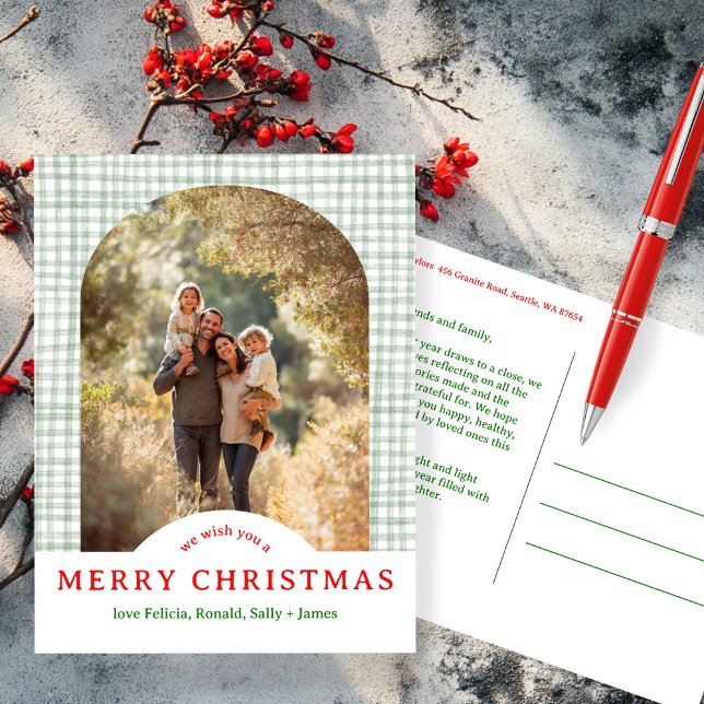 GOD JUL Gingham Helgdag ANPASSNINGSBAR Arch PHOTO Vykort (MERRY CHRISTMAS Gingham Holiday CUSTOM Arch PHOTO Postcard
)