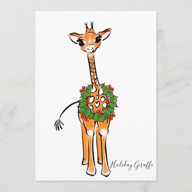 God jul Giraffes, röd grönt Holly-andedräkt Inbjudningar (Framsida)