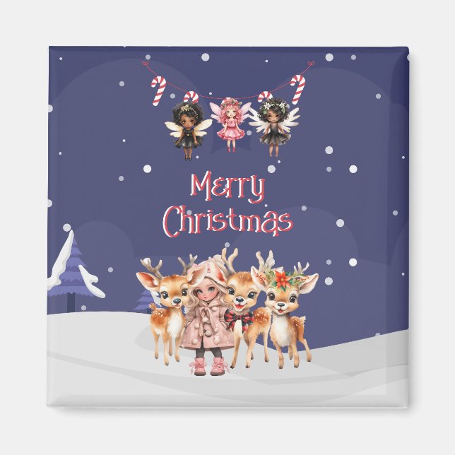 God jul Girl Reindeer Candy cane Älvor Magnet (Framsidan)