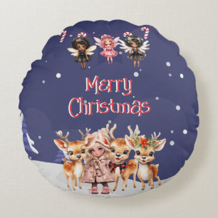 God jul Girl Reindeer Candy cane Älvor Rund Kudde