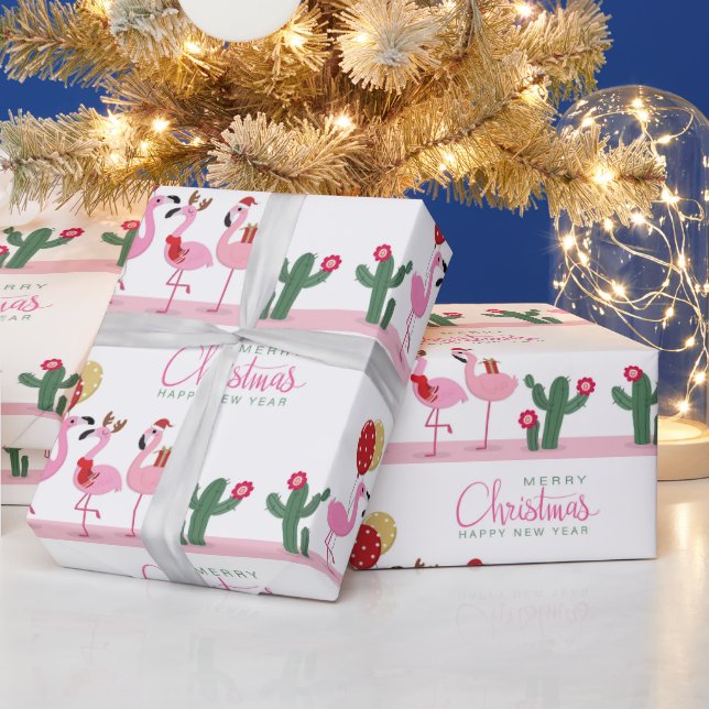 God jul Girly Cute Rosa Flamingo Cactus Presentpapper (Helgdagar)