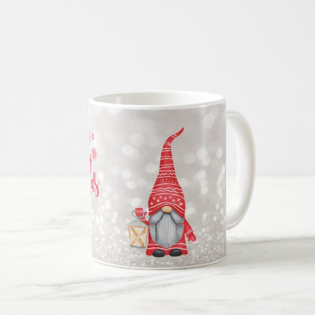 God Jul,Glitter Bokeh,Söt Gnome   Kaffemugg (Framsida höger)