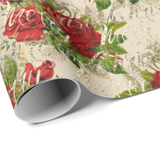 God jul Glitter Skriptet Ro Guld, Red Ivory Presentpapper (Rullad Hörn)