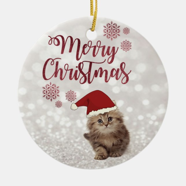 God Jul,Glittrande Bokeh,Katt Med Tomtehatt Julgransprydnad Keramik (Framsidan)