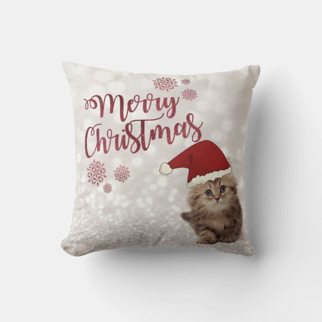 God Jul,Glittrande Bokeh,Katt Med Tomtehatt Kudde (Framsida)