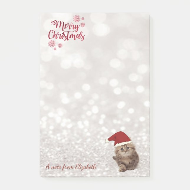God Jul, Glittrande Bokeh, Katt Med Tomtehatt Post-it Block (Framsida)