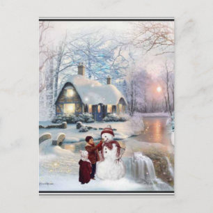 God Jul Glyssning Winter Snögubbe Scene Vykort