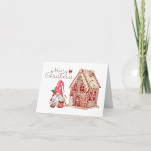 God jul Gnome and Gingerbröd House Kort