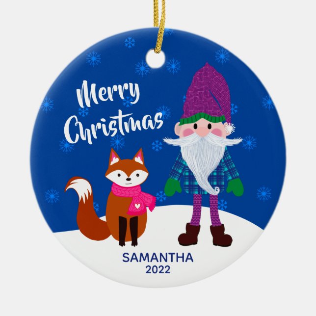 God jul Gnome Fox Personlig Nattblå Julgransprydnad Keramik (Framsidan)