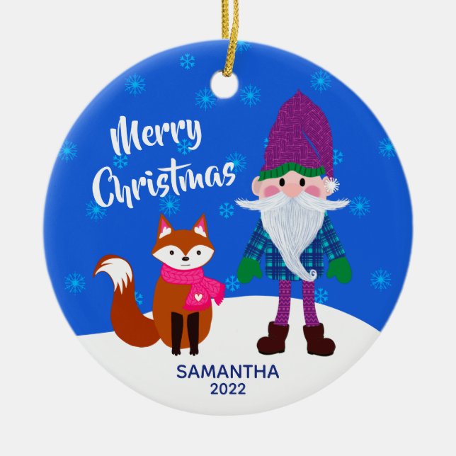 God jul Gnome Fox Snöflingor Blue Julgransprydnad Keramik (Framsidan)