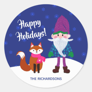God jul Gnome Fox Snöflingor Midnight Blue Runt Klistermärke