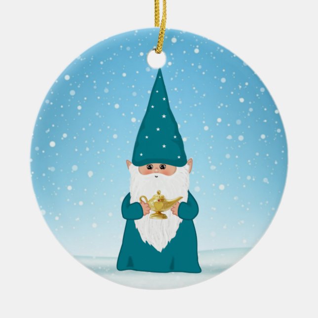 God jul Gnome Holding a Magic Lamp Julgransprydnad Keramik (Framsidan)