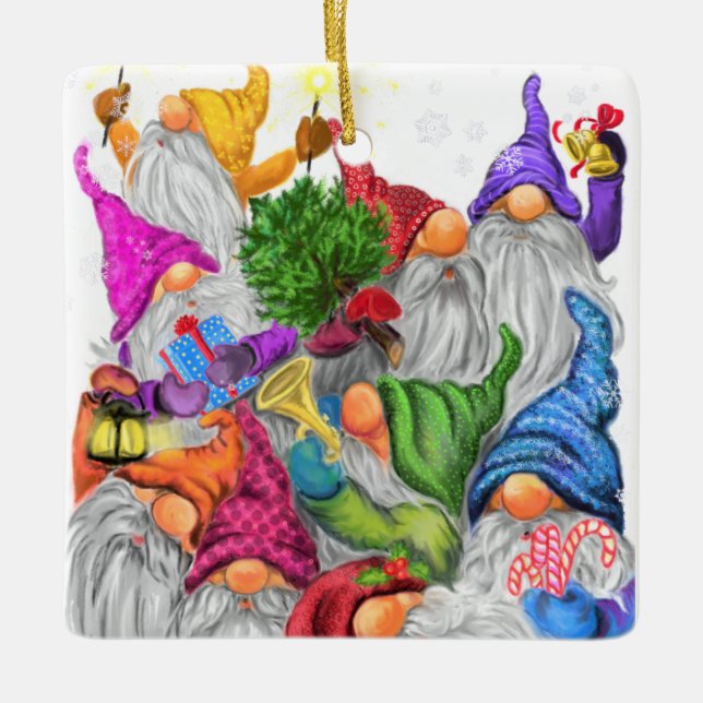 God jul Gnome Party Funny Teckning Julgransprydnad Keramik (Framsida)