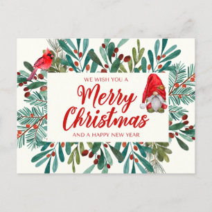 God jul Gnome, Red Cardinal, Holly Berry Helg Vykort