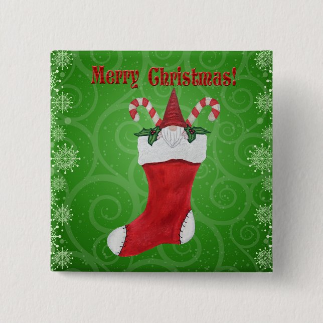 God jul Gnome Red Stocking Snöflingor Knapp (Framsida)