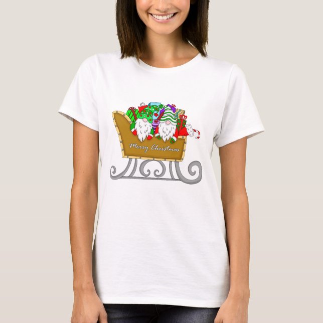 God jul Gnomes in Sleigh T Shirt (Framsida)