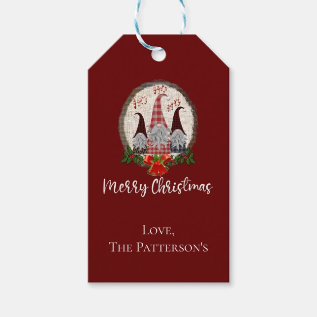 God jul Gnomes Red, Rustic, Play, Trendig Presentetikett (Framsidan)