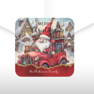 God jul Gnomes Red Vintage Lastbil Anpassningsbar Fyrkantigt Klistermärke
