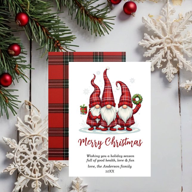 god jul Gnomies red plaid non-phol Julkort (Skapare uppladdad)