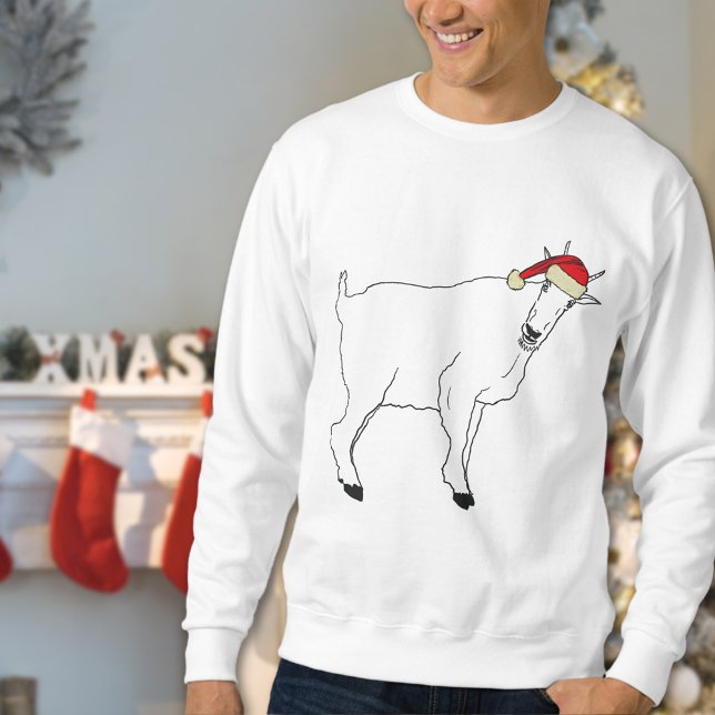 God jul, Goat Teckning Lång Ärmad Tröja (Funny christmas goat sweatshirt simple farm animal art of a goat wearing a Santa hat)
