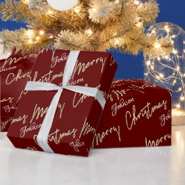 God jul Golden Script Namn Anpassningsbar Burgundy Presentpapper
