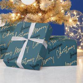 God jul Golden Script Namn Black Teal Blue Presentpapper