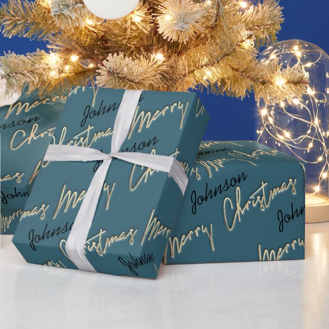 God jul Golden Script Namn Black Teal Blue Presentpapper (Helgdagar)