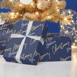 God jul Golden Script Namn Blue Navy Presentpapper