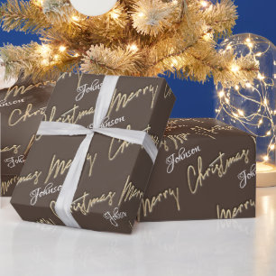 God jul Golden Script Namn Brown Ivory Presentpapper