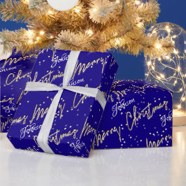 God jul Golden Script Namn Royal Blue Navy Presentpapper
