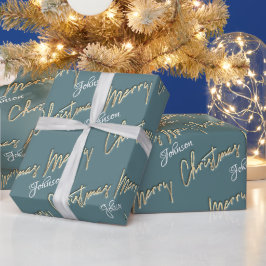 God jul Golden Script Namn Smoky Aqua Blue Presentpapper