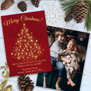 God Jul! Golden Träd Photo on Back Red Julkort