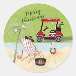God jul Golf Cart Beach Monogram Namn Runt Klistermärke