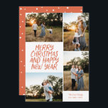 God jul Gott nytt år 4 Photo Collage Red Julkort<br><div class="desc">Den här snyggten med 4-foto-helgdag har handskrivet stil hälsning och en fotokollage. Den omvända har en flytande punkt mönster. Alla färg är anpassade.</div>