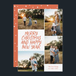 God jul Gott nytt år 4 Photo Collage Red Julkort<br><div class="desc">Den här snyggten med 4-foto-helgdag har handskrivet stil hälsning och en fotokollage. Den omvända har en flytande punkt mönster. Alla färg är anpassade.</div>