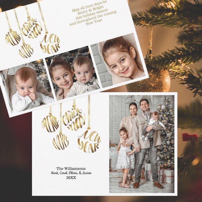 God jul Gott nytt år fyra foto Guld Julkort (Faux gold foil typography ornaments - personalized with four photos and your signature.  )