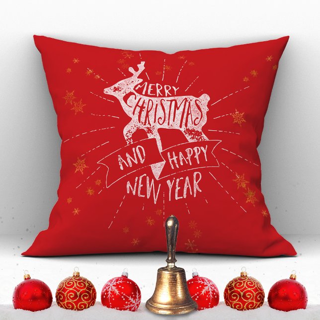 God jul Gott nytt år Hjort Guld Stars Red Kudde (Merry Christmas Happy New Year Deer Gold Stars Red Throw Pillow ©Susanne Sachers - Sunny Mind Design)