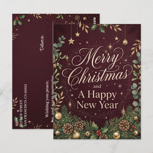  God Jul Gott Nytt År Högtid Röd Vykort (Fram/baksida)