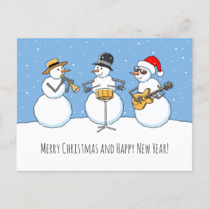 God jul Gott nytt år Snögubbe Jazzband Vykort