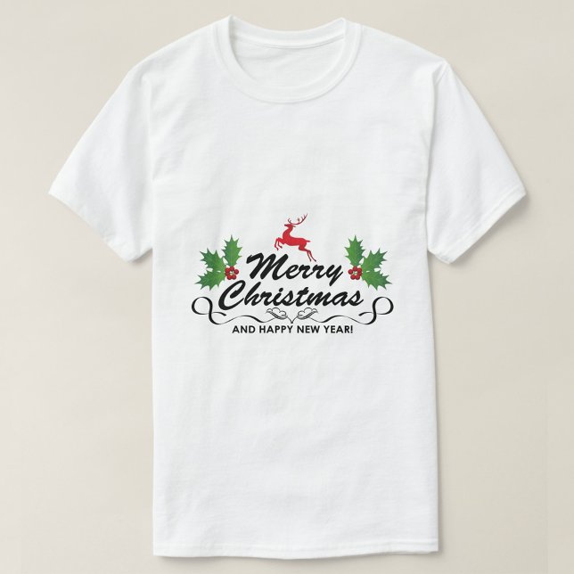 God jul Gott nytt år T Shirt (A Merry Christmas T-Shirt with a festive design featuring a reindeer and holly.)