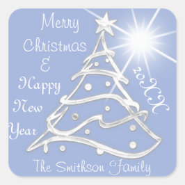 God jul & Gott nytt år Träd Grått Blue Fyrkantigt Klistermärke