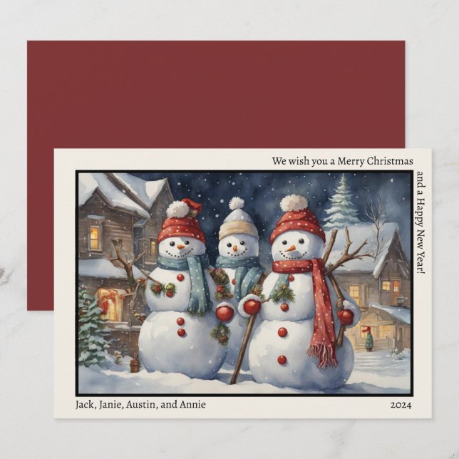 God Jul Gott Nytt År Tre Glada Snömän Julkort (Fram/baksida)