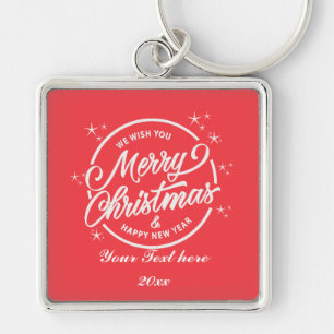 God Jul & Gott Nytt År, Vit typografi Fyrkantig Silverfärgad Nyckelring