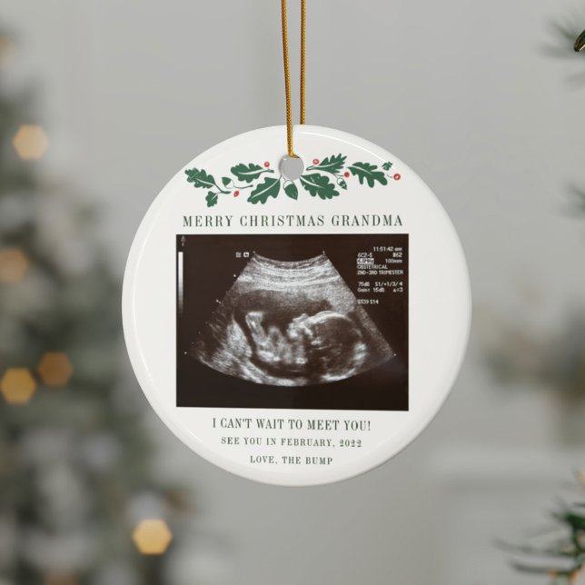God jul Grandma Gravid Baby Scan Julgransprydnad Keramik (Merry Christmas Grandma Sonogram Pregnancy Announcement Circle Ornament)