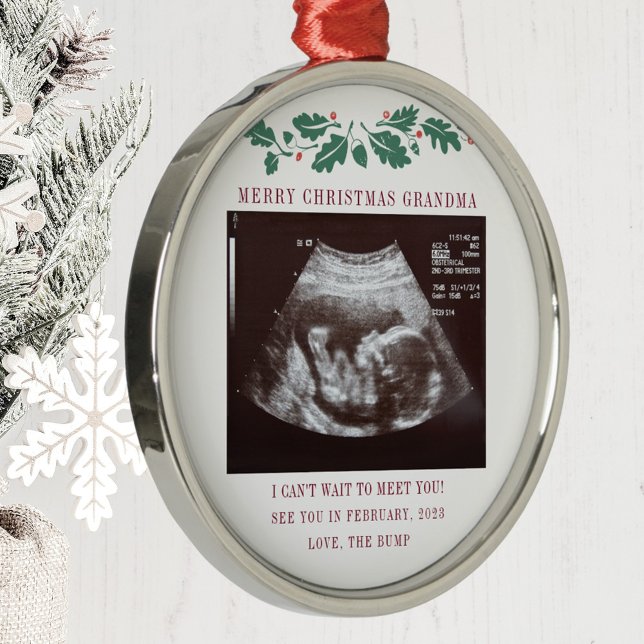 God jul Grandma Gravid Notice Julgransprydnad Metall (Grandma Keepsake Christmas Sonogram Baby Announcement Metal Ornament)