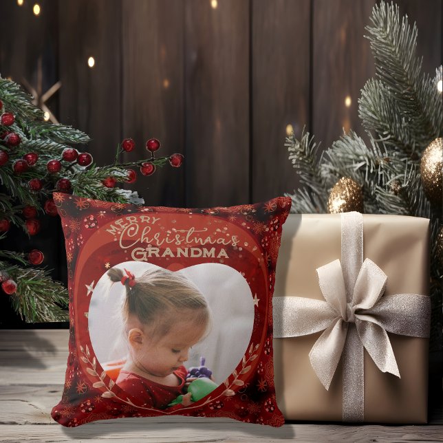 God jul Grandma Red Photo Kudde (Adorable Christmas Grandma Red Photo Throw Pillow)