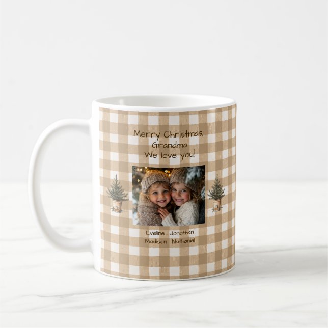 God jul Grandma Rustic Gingham Photo Kaffemugg (Vänster)